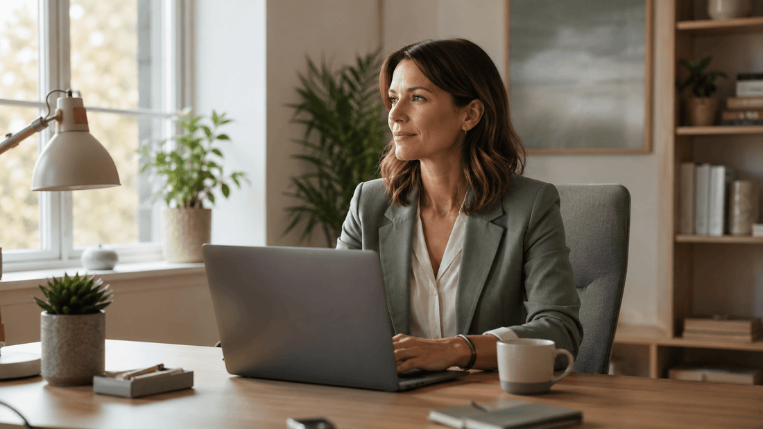 Desk worker sitting comfortably with ergonomic posture during a long workday