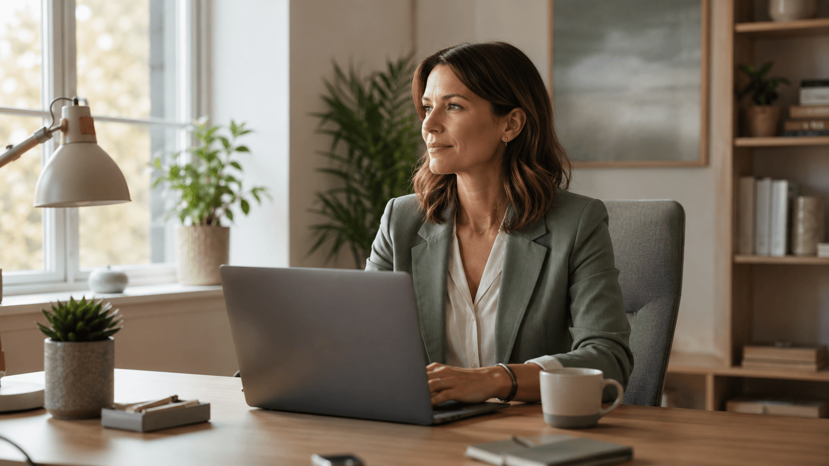 Desk worker sitting comfortably with ergonomic posture during a long workday