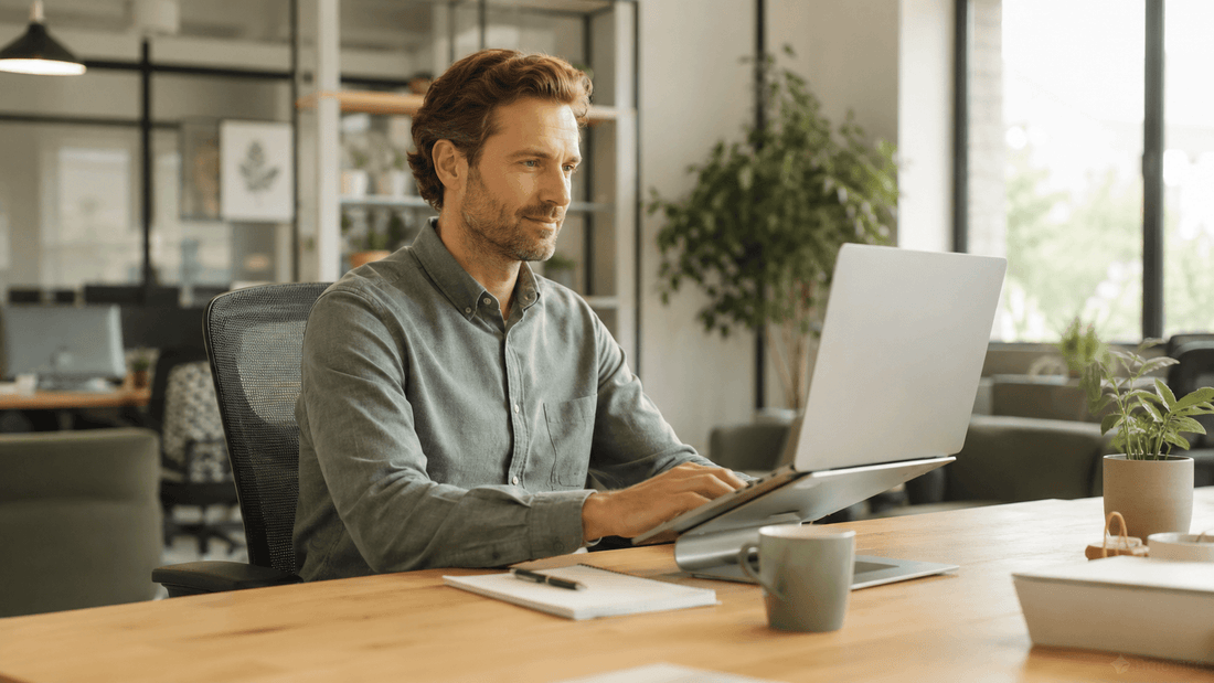 Professional desk worker changing position while working at a comfortable desk