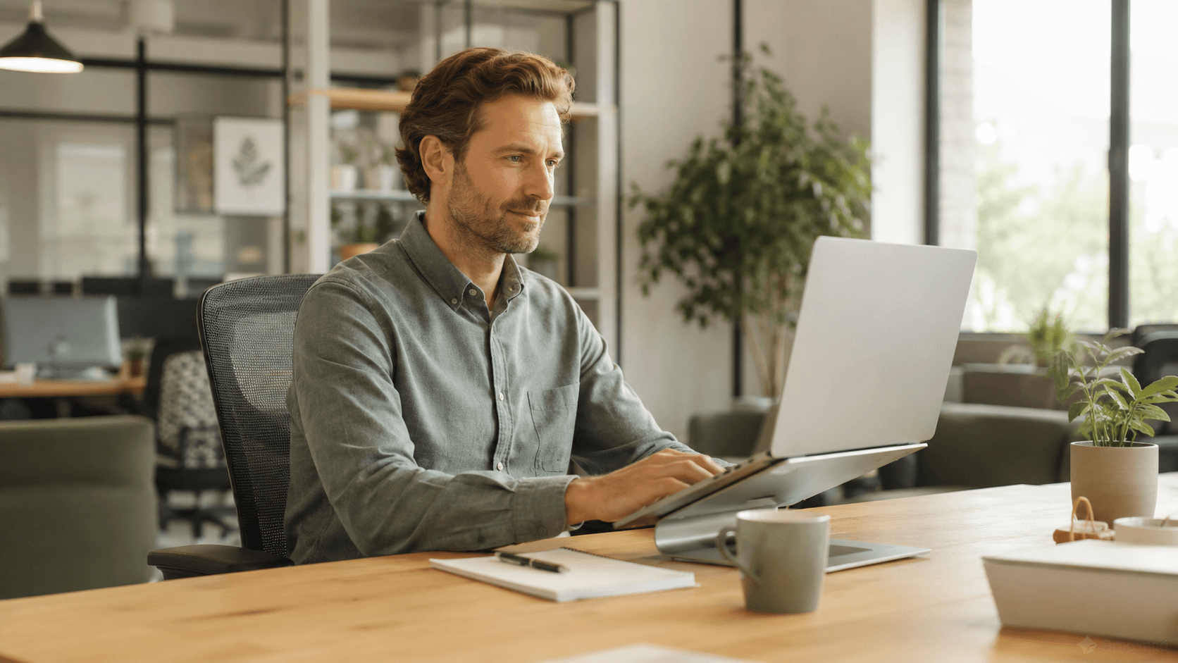 Professional desk worker changing position while working at a comfortable desk