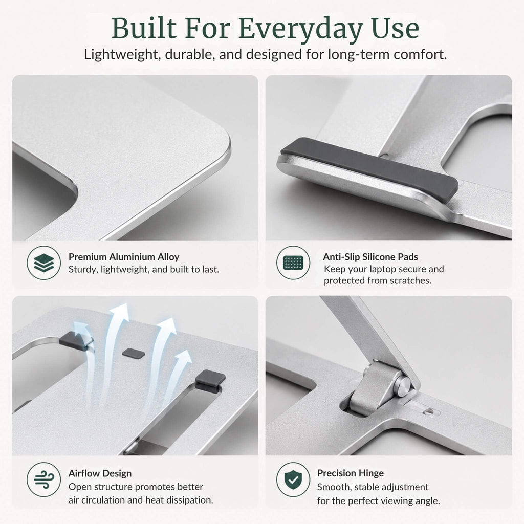 Close-up view of the RelievoCare laptop stand showing its multi-angle adjustment hinges, non-slip silicone pads, and premium structural frame.