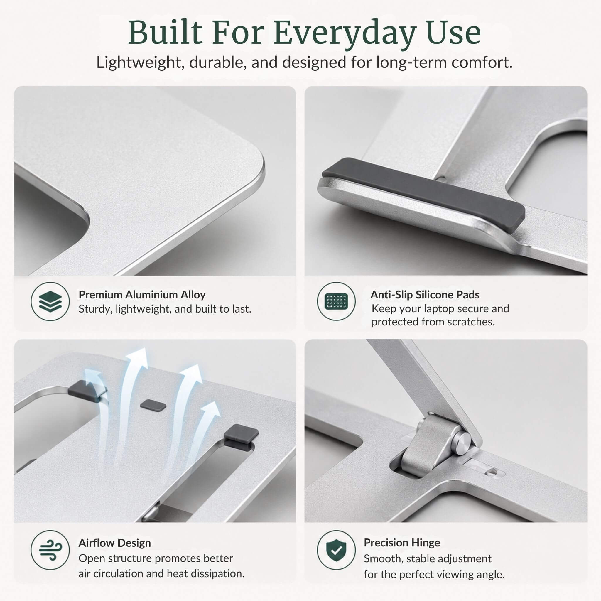 Close-up view of the RelievoCare laptop stand showing its multi-angle adjustment hinges, non-slip silicone pads, and premium structural frame.