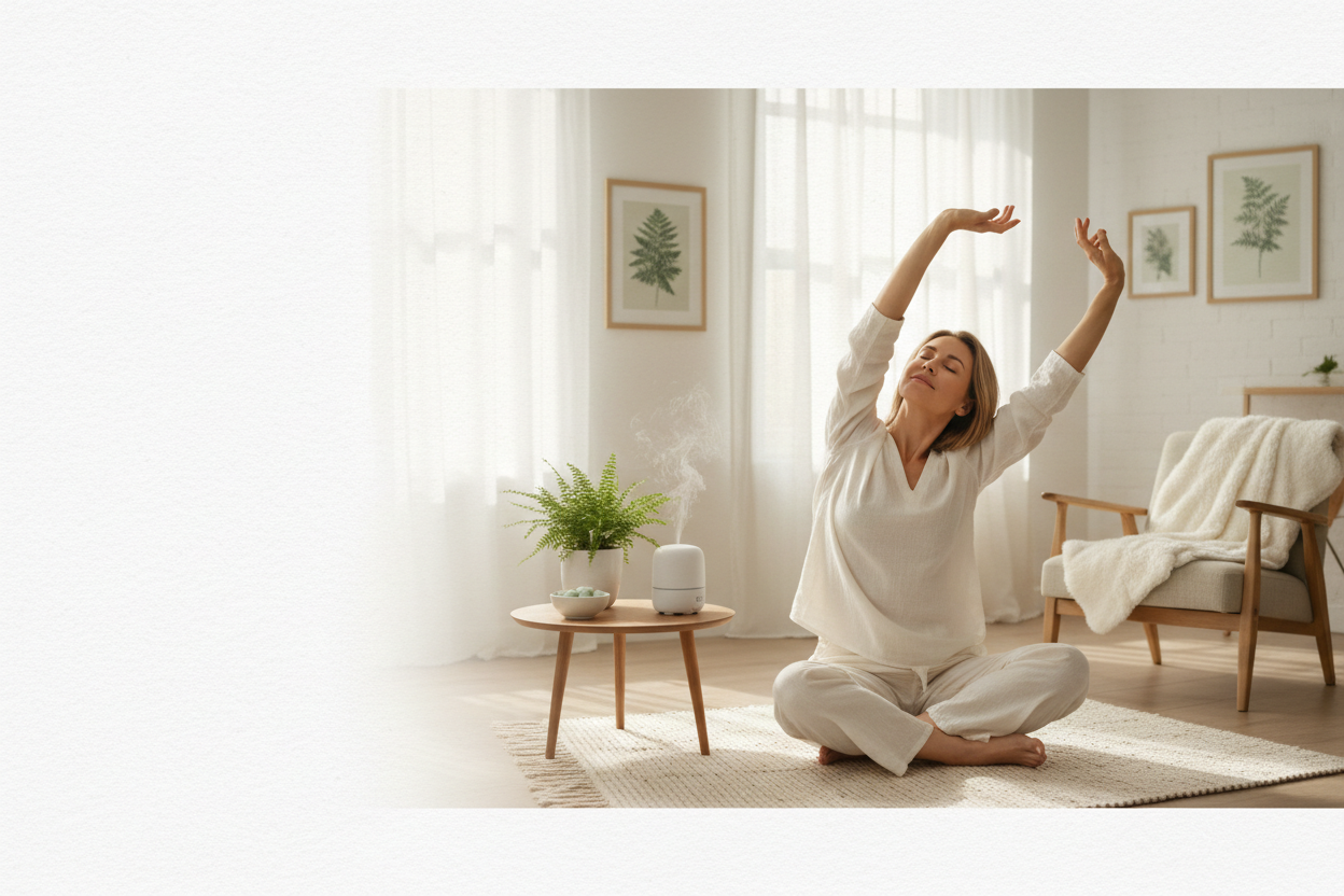 A serene wellness-inspired banner with soft whites, green accents, and natural textures. A 45 years old woman on  practicing gentle relaxation or self-care in a bright, calming living room. Spa-like, minimalist, warm atmosphere. Designed with open space for text overlay.