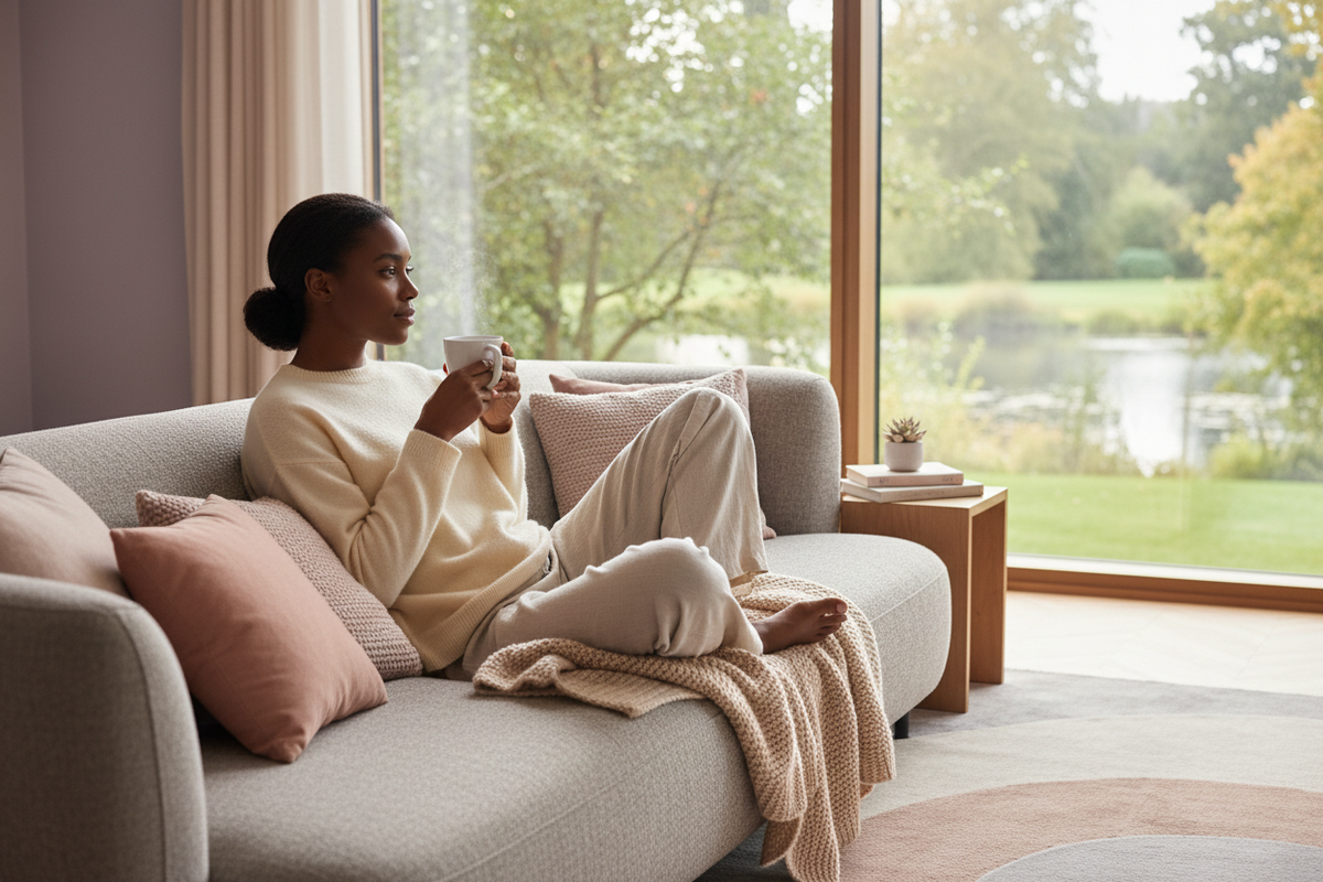 As a visual AI expert, please generate an image of a real Black woman seated comfortably on a sofa, sipping hot tea, appearing relaxed while gazing out the window, using soft, calming tones to evoke a serene and cozy atmosphere.
