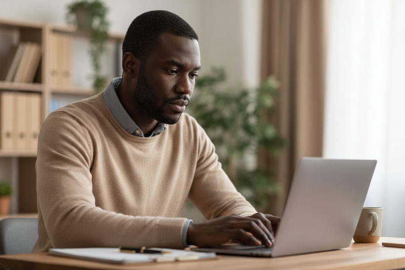 create me an image of a black working in the desk, use soft tones focus on the man working 