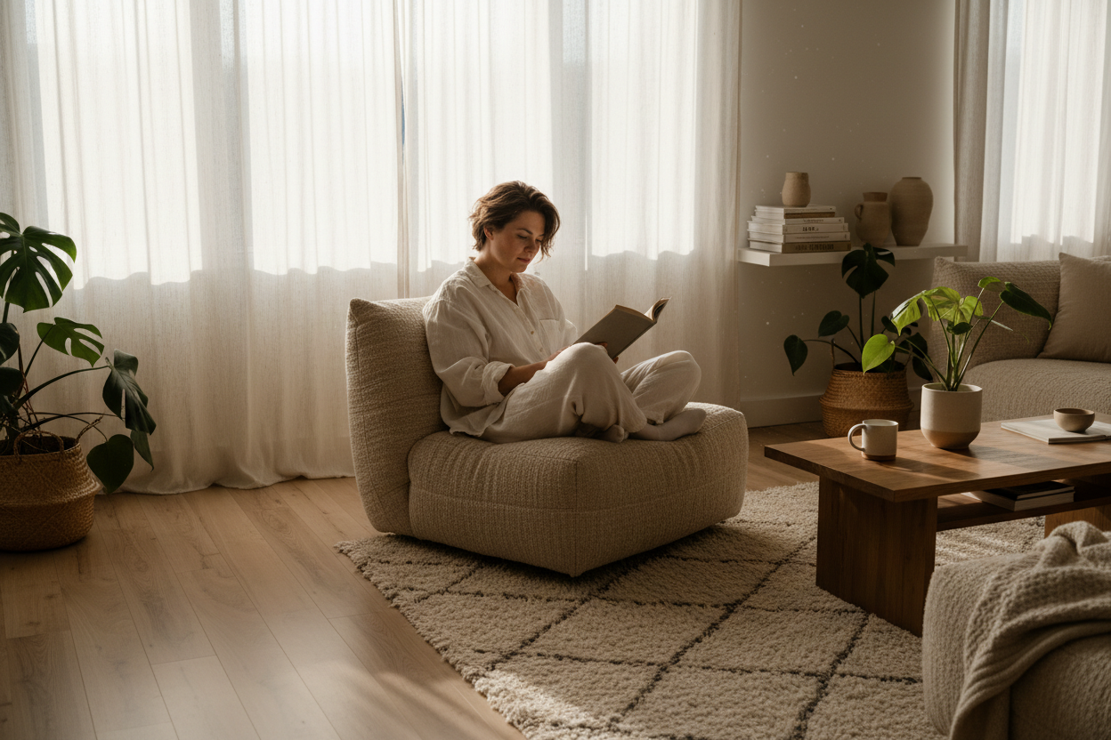create me an image of a calming lifestyle image soft home, warm light, person relaxing