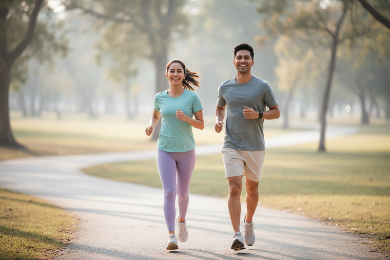 create me an image of a couple running in a parque, use soft tones and focus thi image on the couple