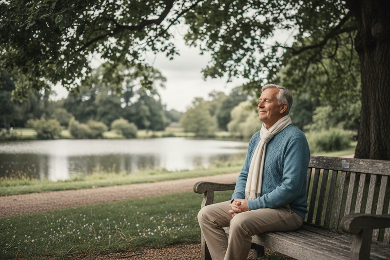 create me an image of a  Older man adult seating in a bench relaxing, use soft tones