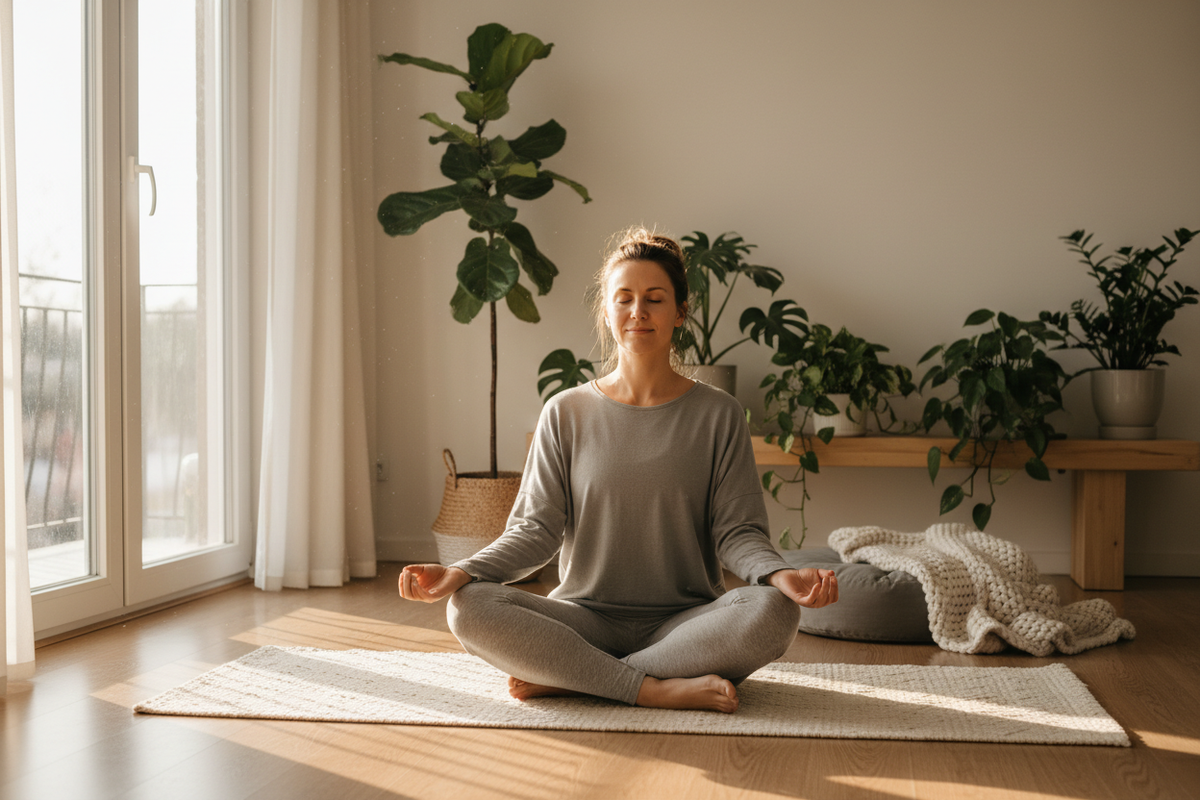 create me an image of a person doing yoga pose in a home seating feeling relaxed 