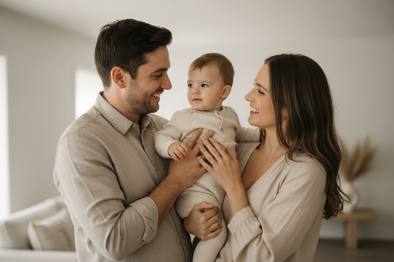create me an image of Parents carrying a toddler, use soft tones and focus on the parents