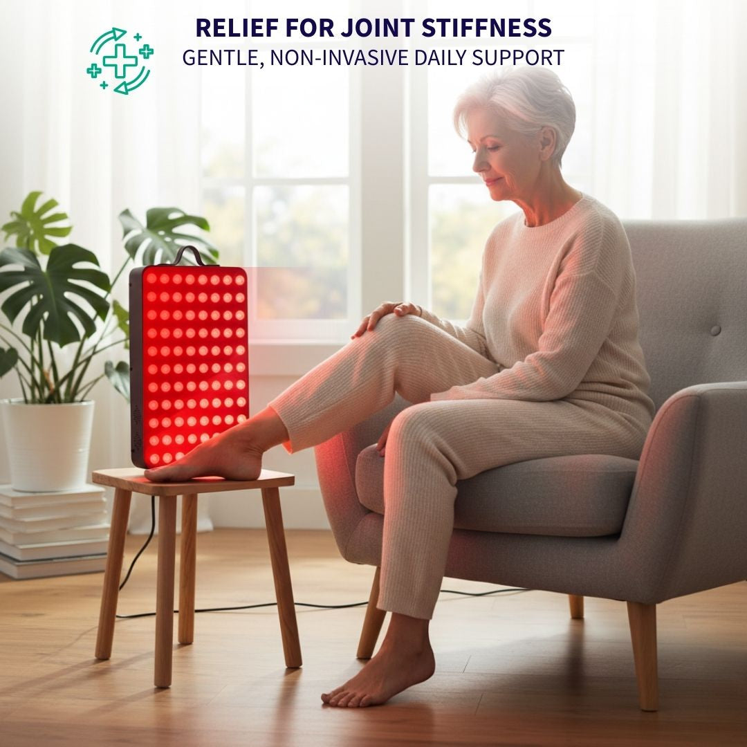 Person using red light therapy lamp for muscle pain relief