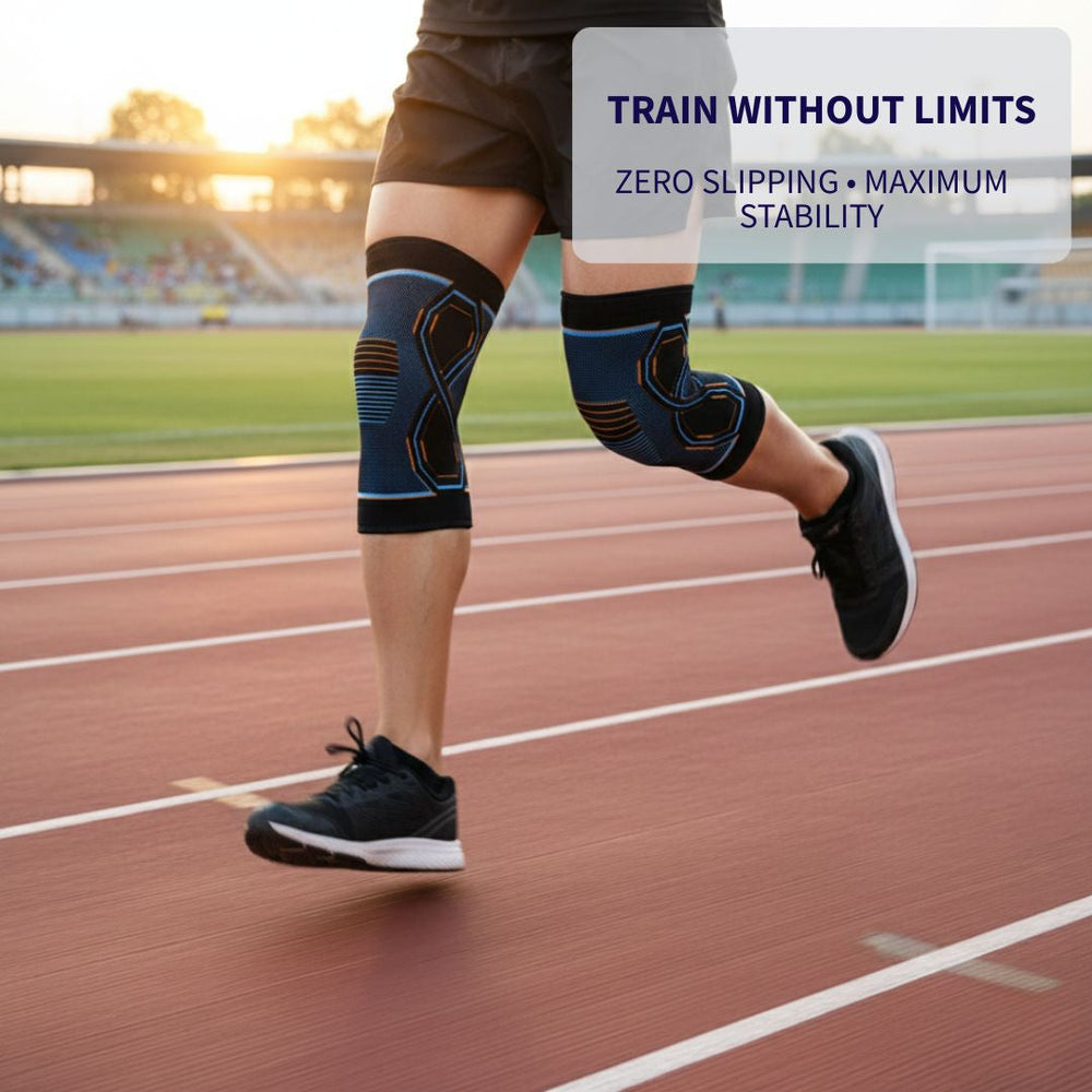 Person wearing knee brace pair for meniscus support during activity