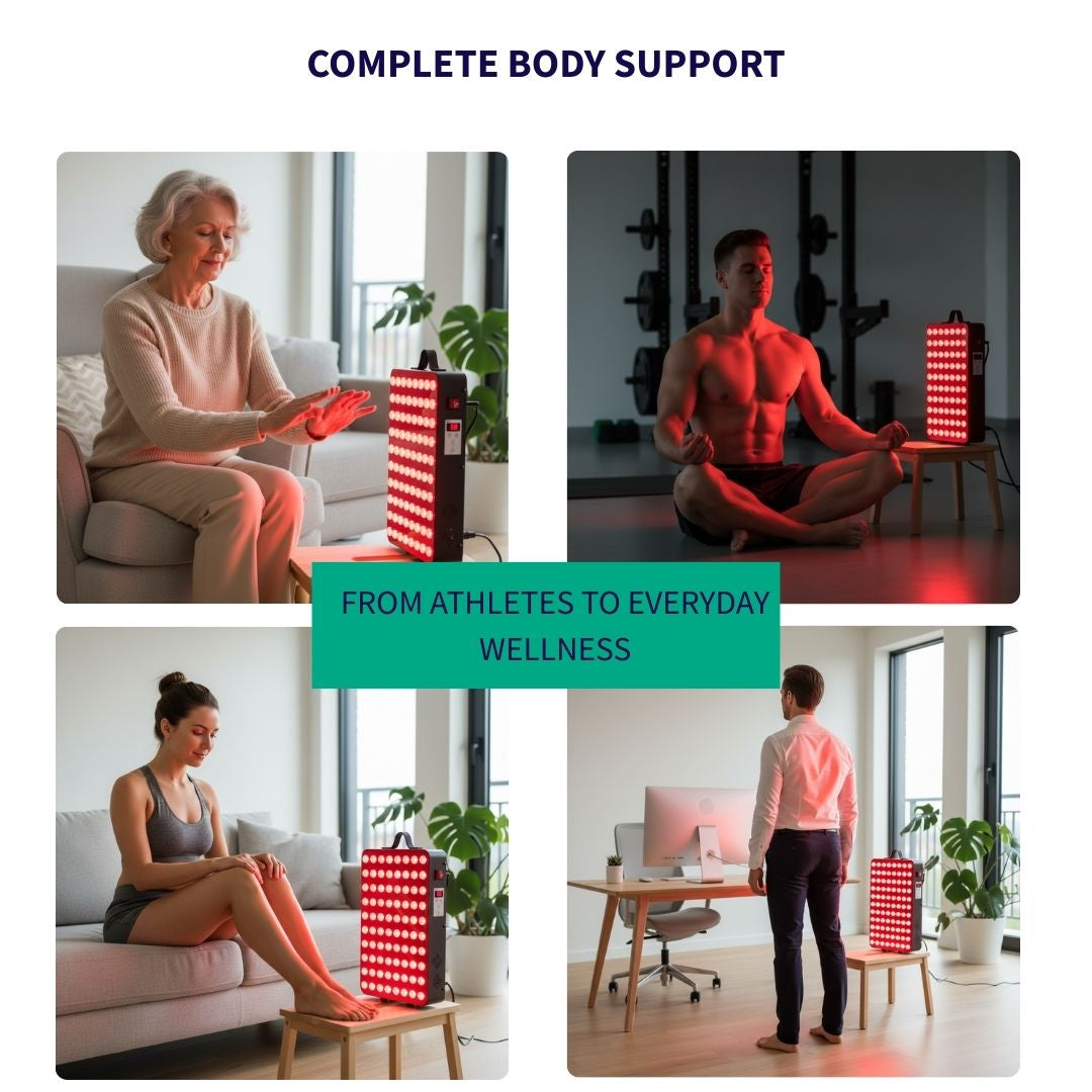 Person using red light therapy lamp for muscle recovery & pain relief