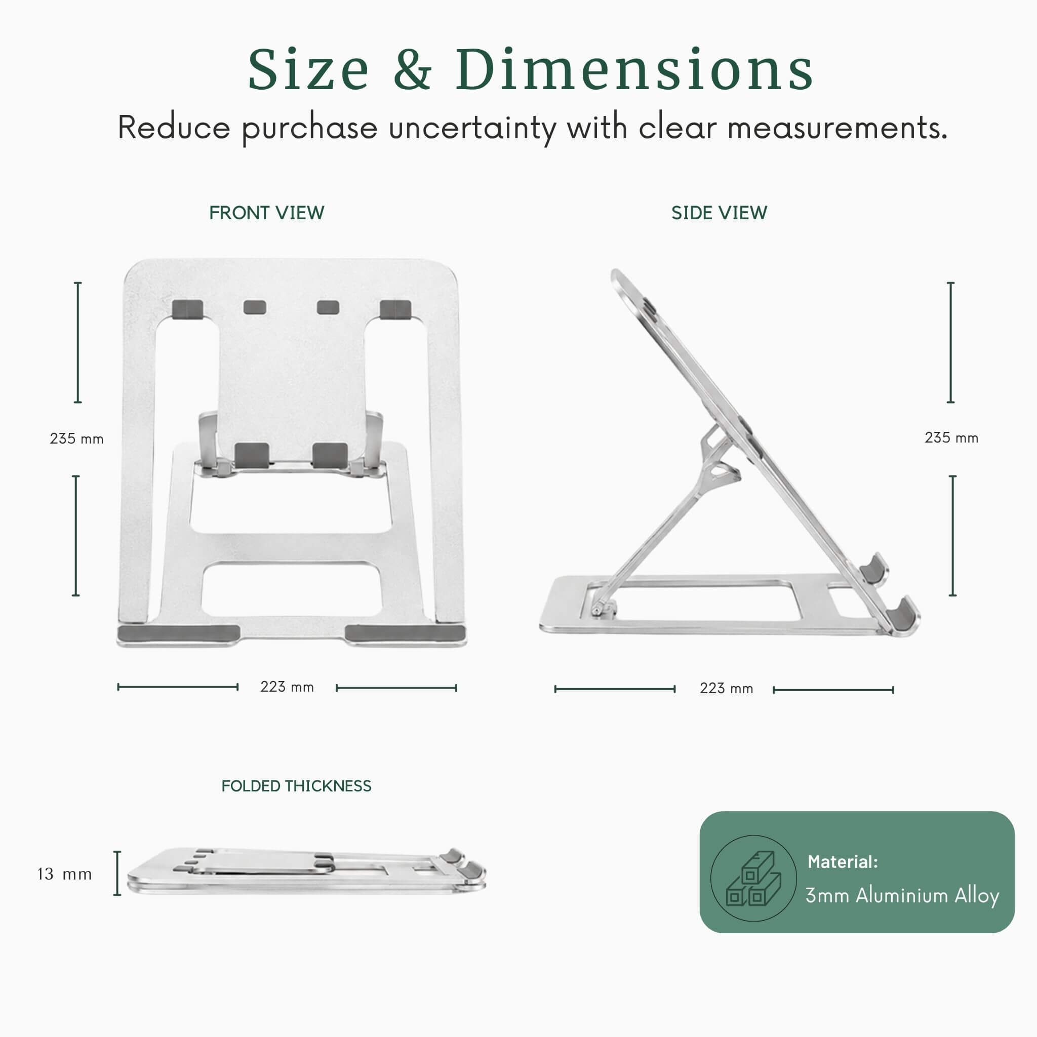 Size, height adjustment levels, and dimension chart for the RelievoCare adjustable laptop stand, showing compatibility with various laptop sizes.