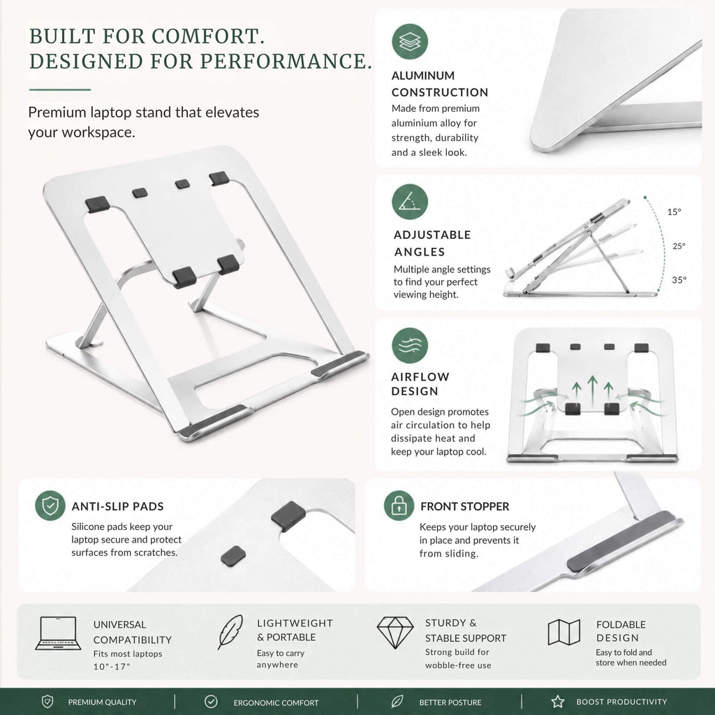 Detailed close-up of the RelievoCare laptop stand's breathable hollow design and premium heat-dissipating aluminum alloy material.