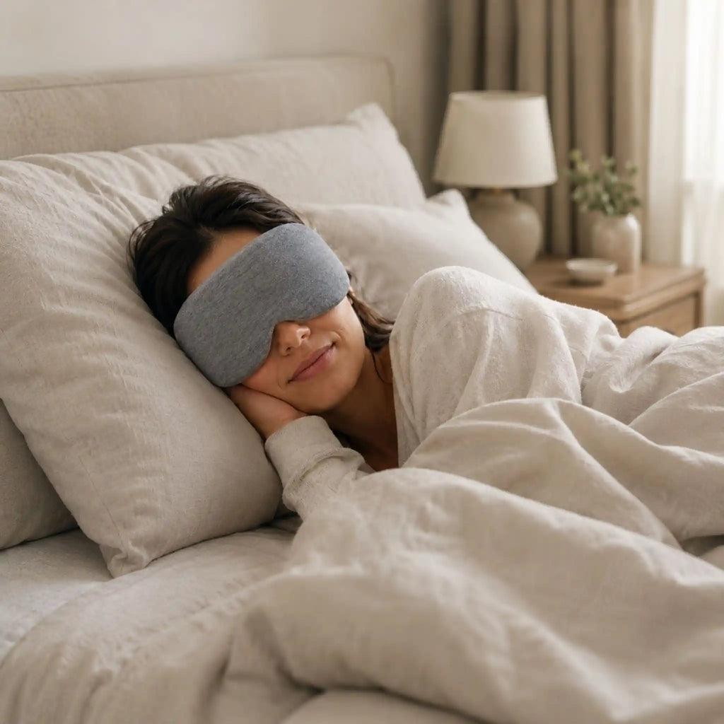 person taking a quick, refreshing power nap at their desk using the RelievoCare Deep Rest Sleep Mask.