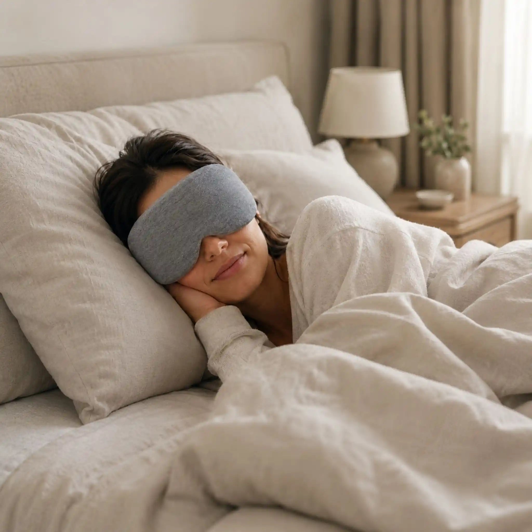 person taking a quick, refreshing power nap at their desk using the RelievoCare Deep Rest Sleep Mask.
