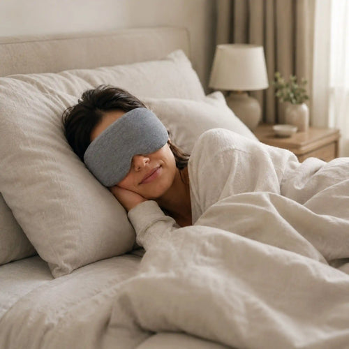 person taking a quick, refreshing power nap at their desk using the RelievoCare Deep Rest Sleep Mask.