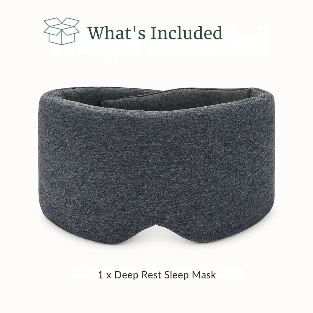 The RelievoCare Deep Rest Sleep Mask unboxed alongside its travel pouch and earplugs.