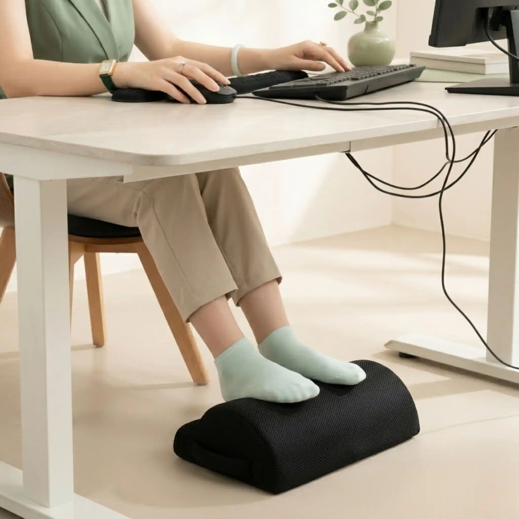 A person resting their feet on the RelievoCare Ergonomic Foot Rest while sitting at a desk.
