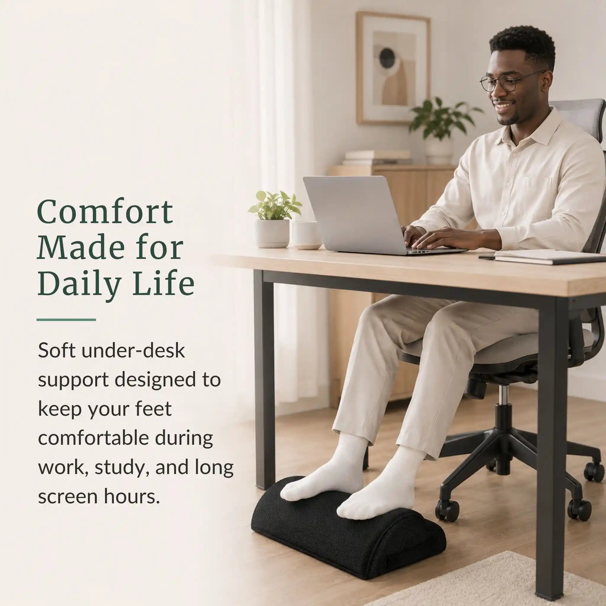 Infographic illustrating how the RelievoCare Foot Rest improves sitting posture and circulation during long hours.