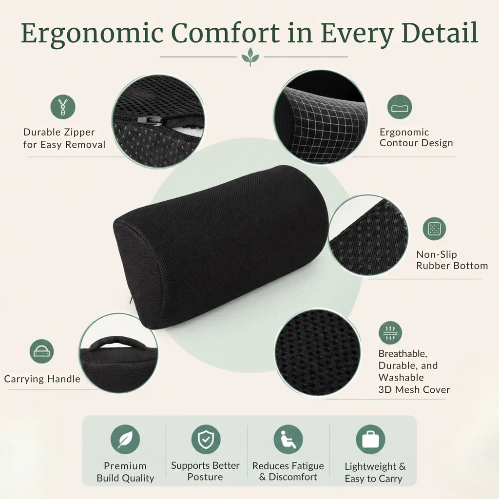 Diagram highlighting the dual adjustable heights and massaging surface nodes of the RelievoCare Ergonomic Foot Rest.