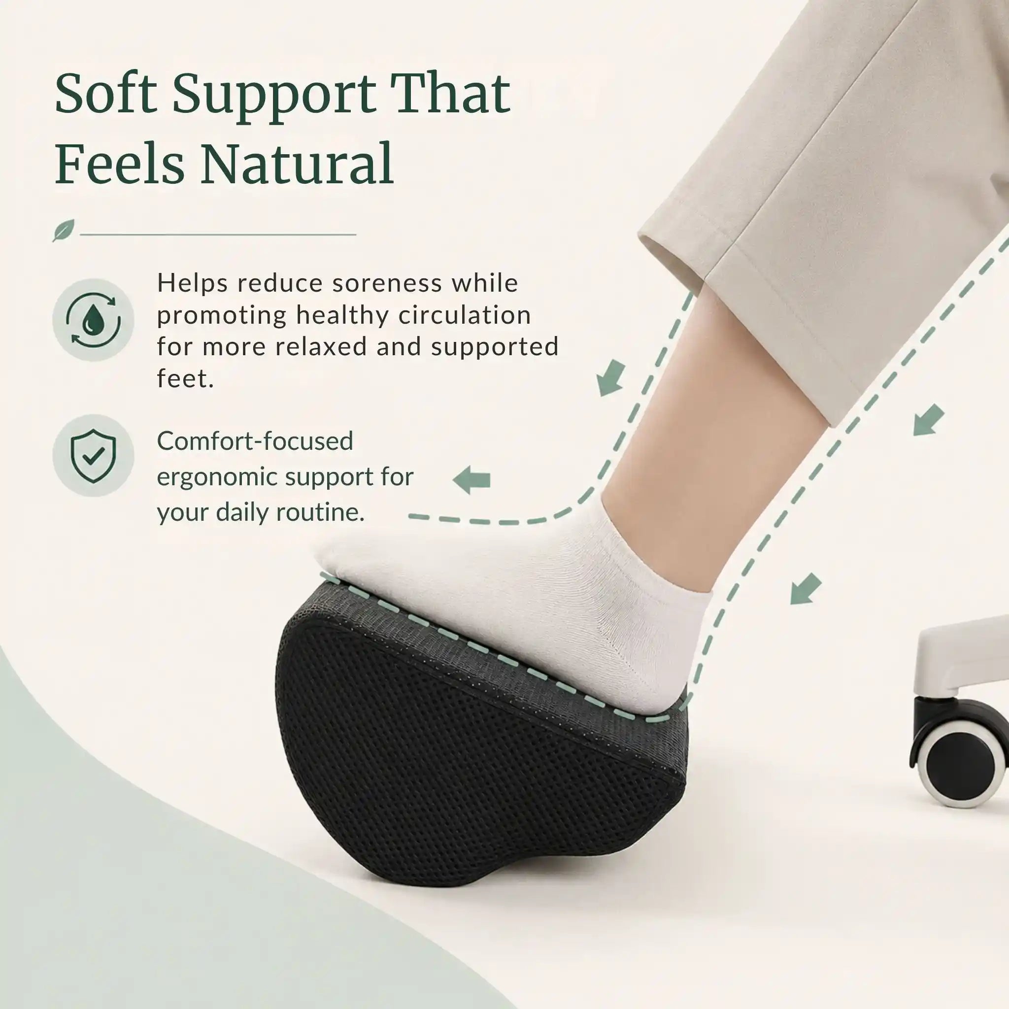 Infographic illustrating how the RelievoCare Foot Rest improves sitting posture and circulation during long hours.
