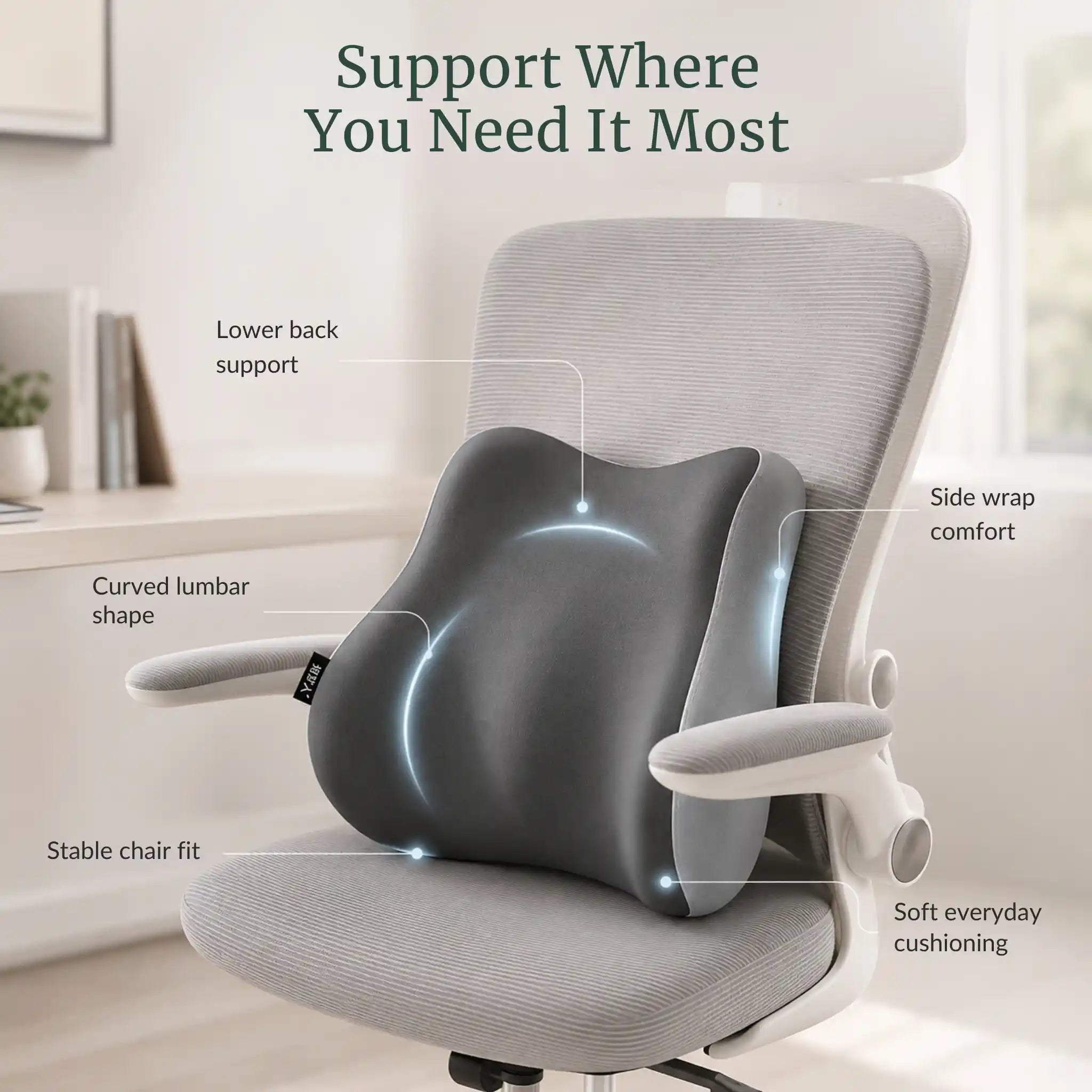 Diagram highlighting the adjustable dual straps, extensions, and contoured back support zones.