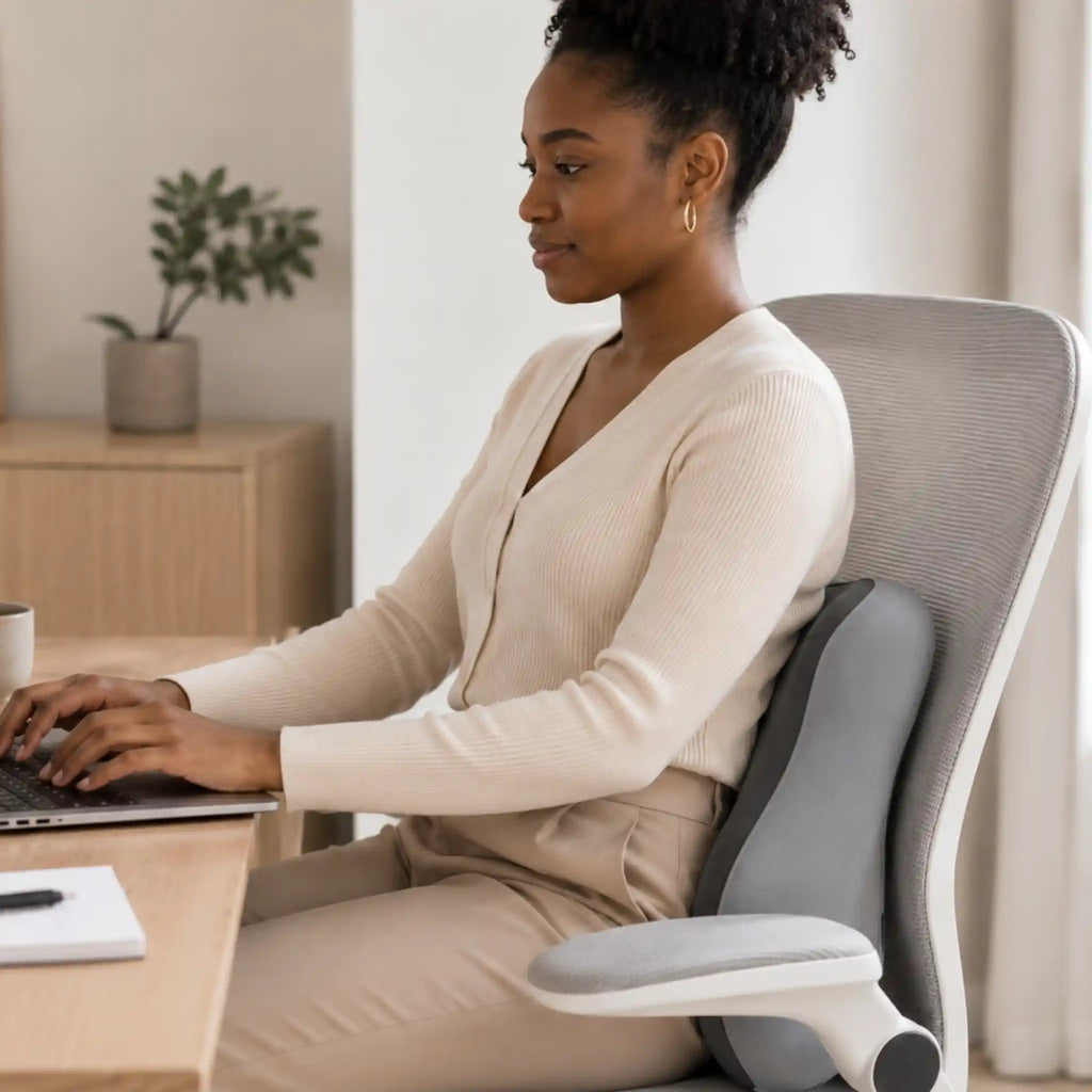 A person sitting with optimal spine alignment using the RelievoCare Lumbar Support Pillow on their chair.