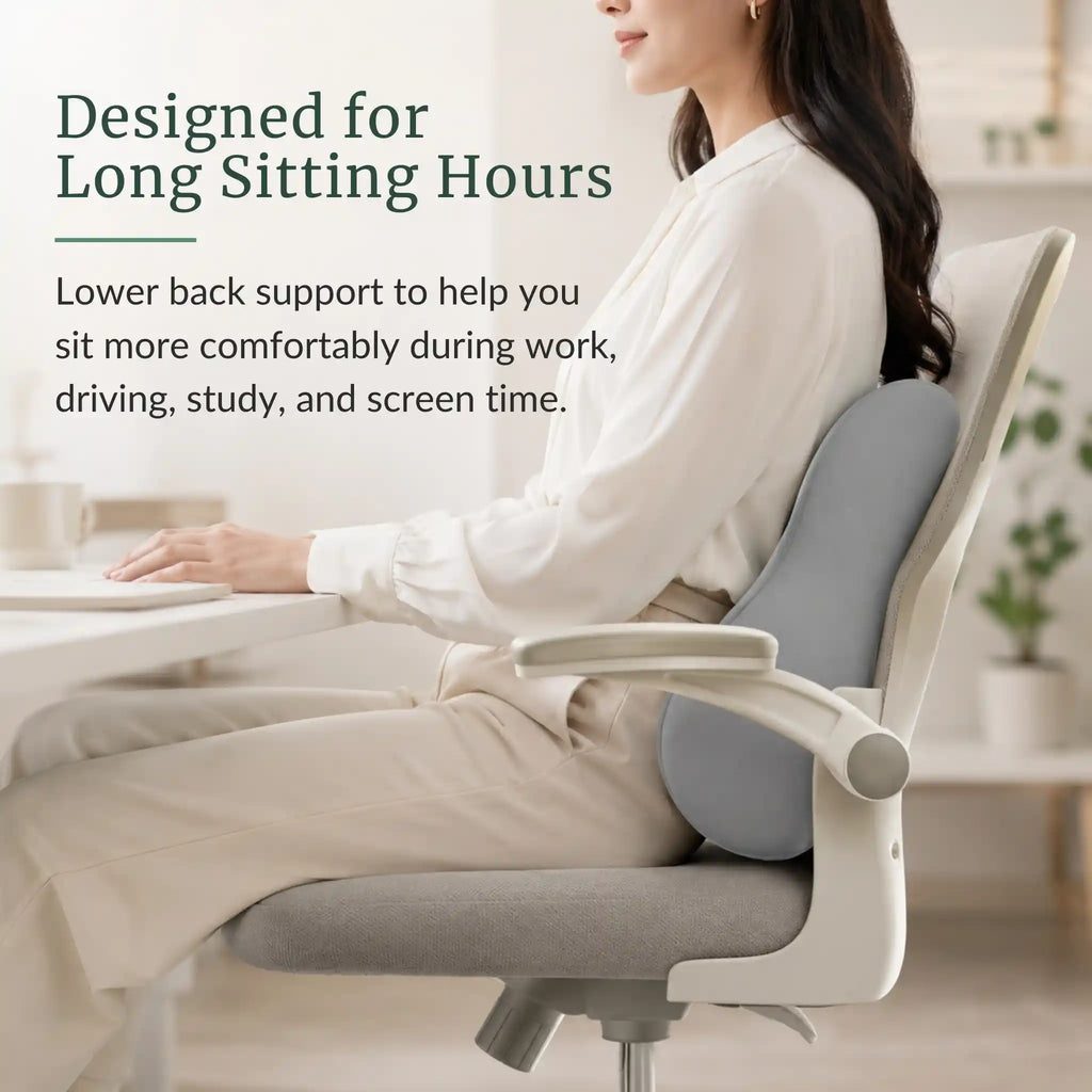 Infographic demonstrating how the lumbar pillow relieves lower back pain over long sitting hours.