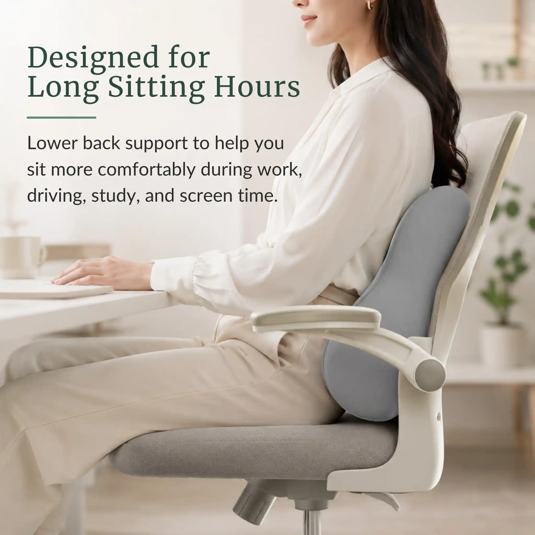 Infographic demonstrating how the lumbar pillow relieves lower back pain over long sitting hours.