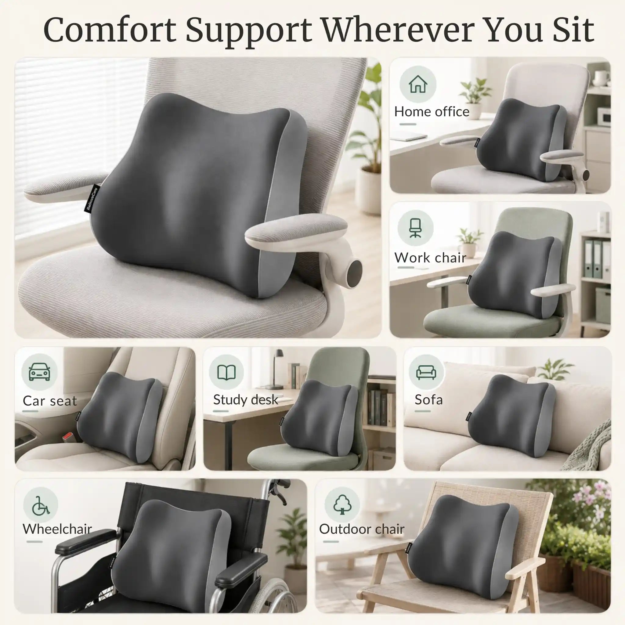 The RelievoCare Lumbar Support Pillow installed on an office chair, a car seat, and a study chair.