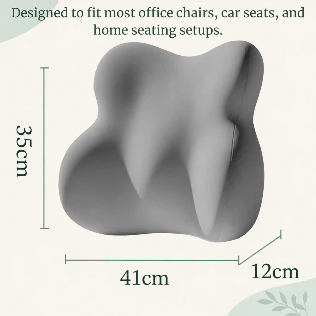 Measurement graphic showing the height, width, and curve depth of the RelievoCare Lumbar Pillow.
