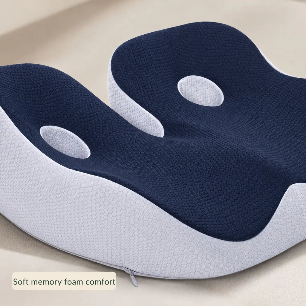Close-up view of the breathable 3D mesh fabric and the premium memory foam core of the seat cushion.