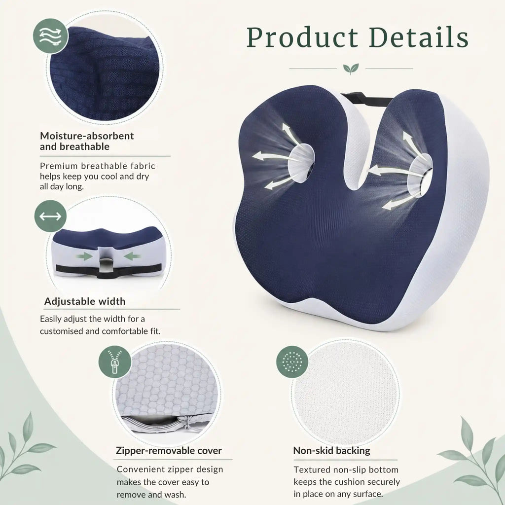 Feature callouts pointing to the U-shaped coccyx cutout, breathable mesh cover, and carry handle of the cushion.