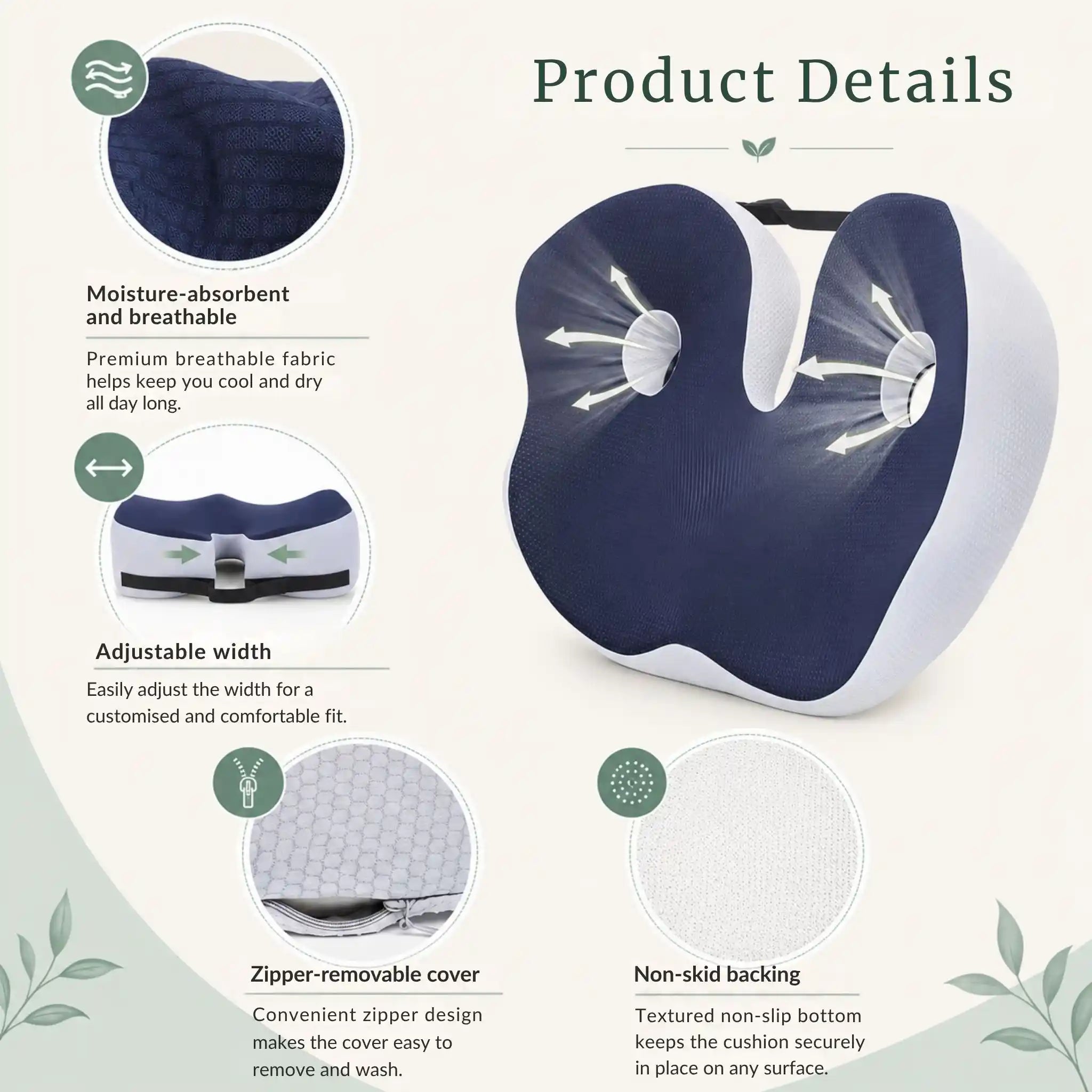 Feature callouts pointing to the U-shaped coccyx cutout, breathable mesh cover, and carry handle of the cushion.