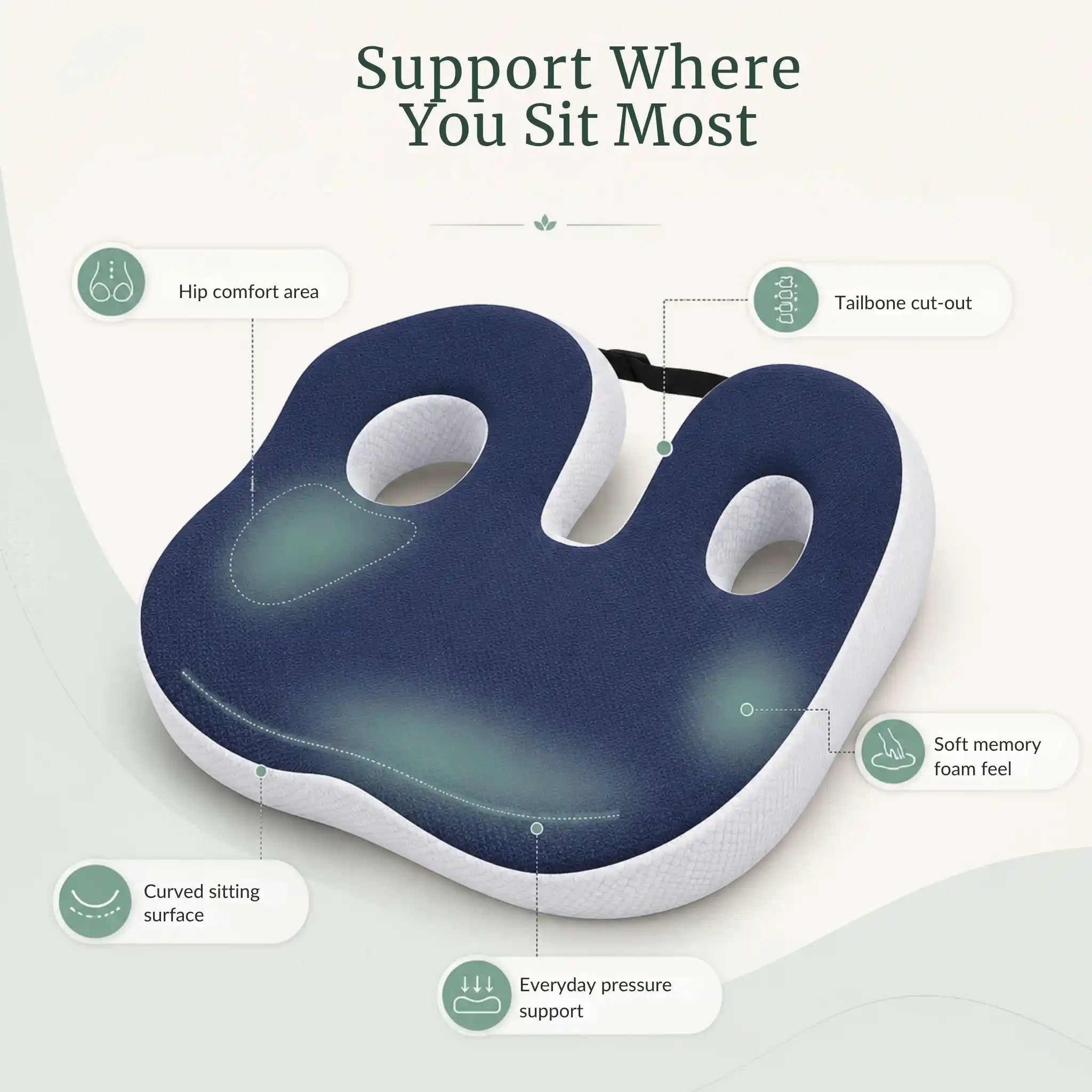 An image showcasing tailbone and sciatica pain relief provided by the cushion during long sitting hours.