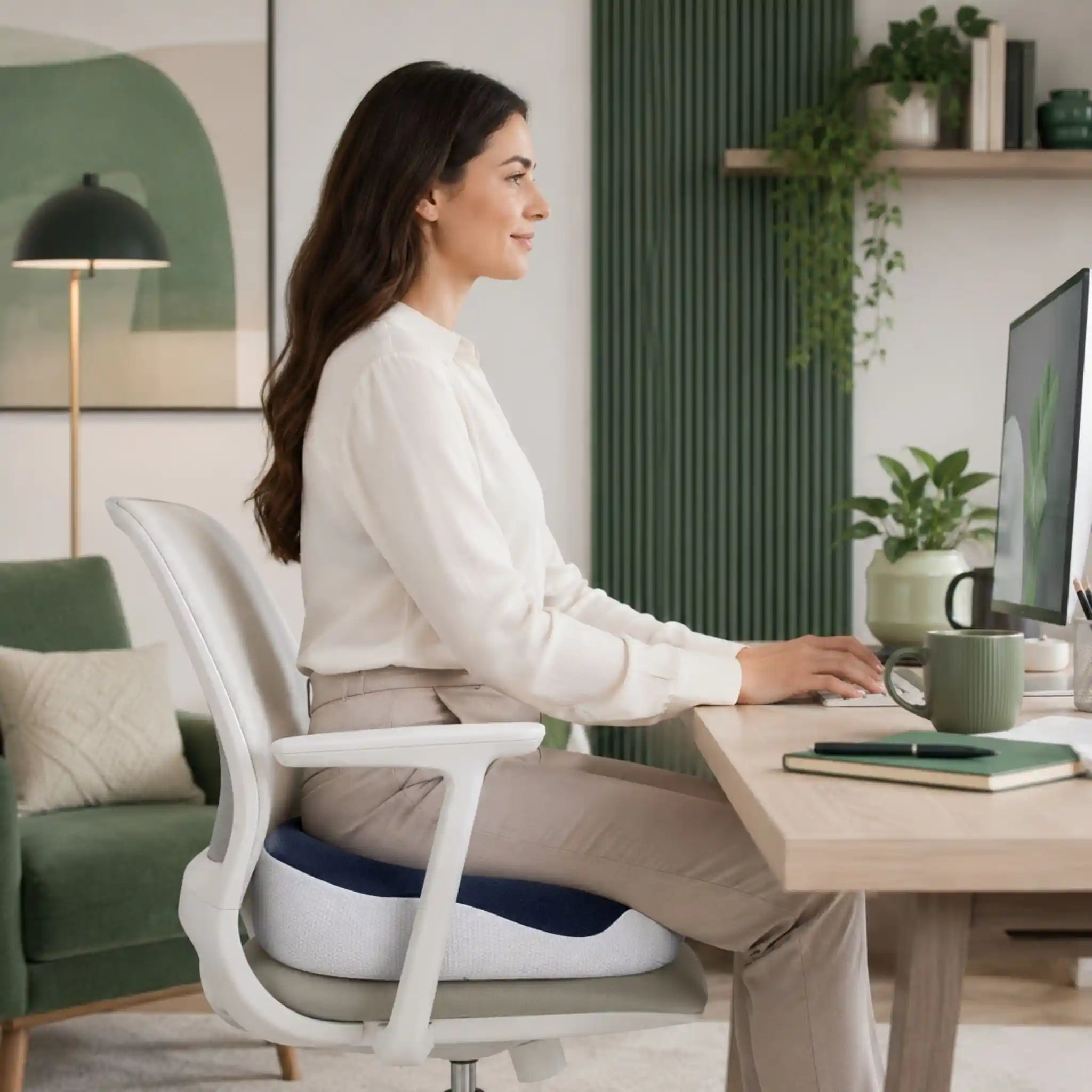 An employee sitting comfortably on a RelievoCare Ergonomic Seat Cushion at their office workspace.
