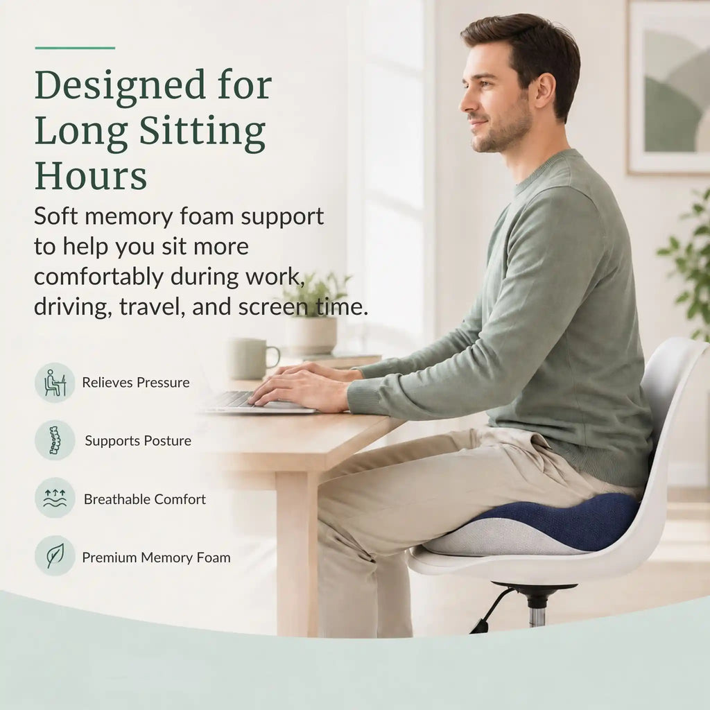 An image showcasing tailbone and sciatica pain relief provided by the cushion during long sitting hours.