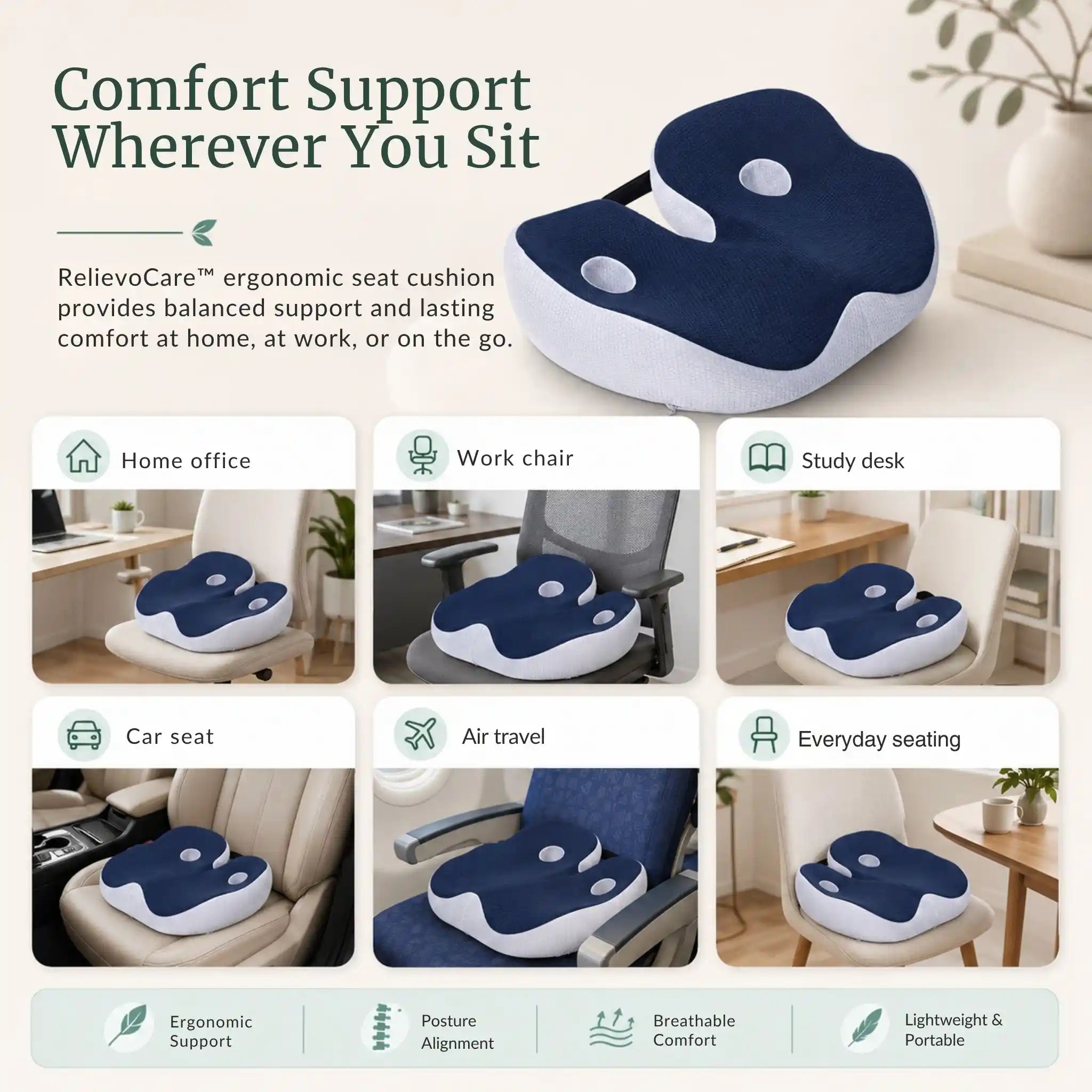 The RelievoCare Seat Cushion placed on an office chair, a car seat, and a home dining chair.