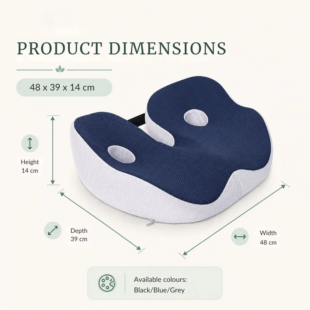 Sizing chart showing the thickness and contoured dimensions of the RelievoCare Ergonomic Seat Cushion.