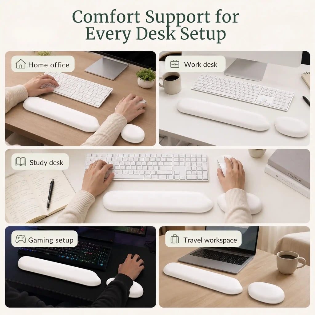 RelievoCare Ergonomic Wrist Rest Set styled in various home office, corporate work, and study setups.