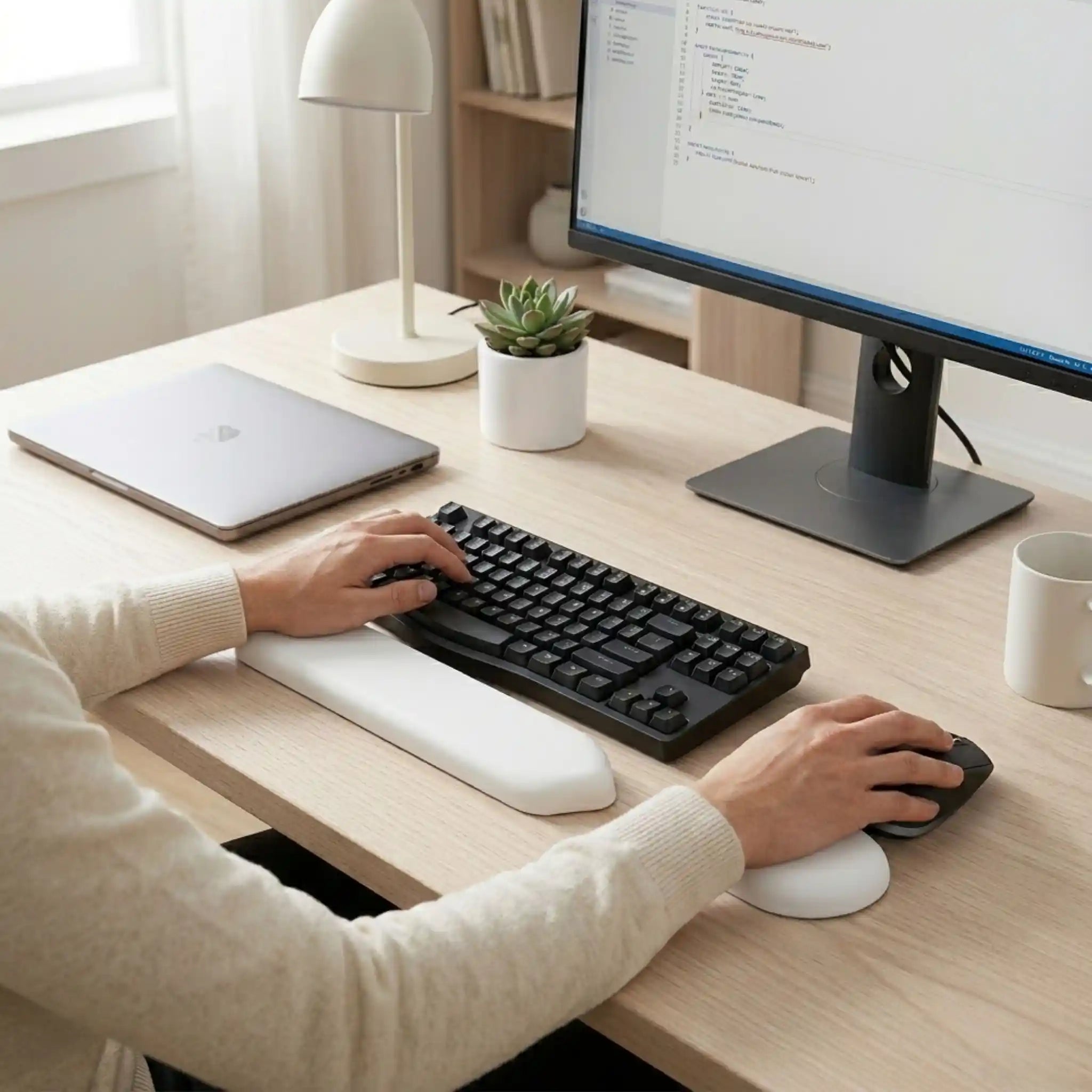Overhead view of a person typing with their hands resting on the RelievoCare Ergonomic Wrist Rest Set at a desk.