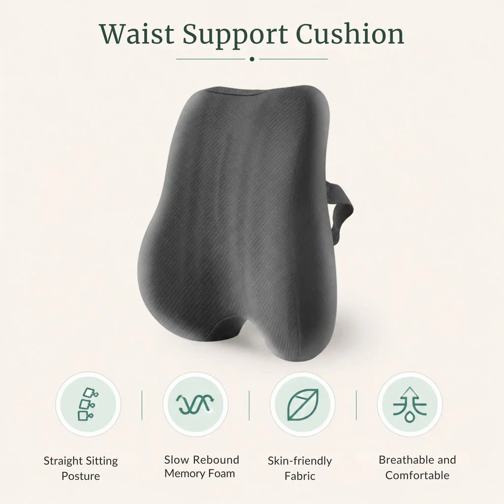 Callouts showcasing the unified dual-zone support of the seat cushion and lumbar pillow set.