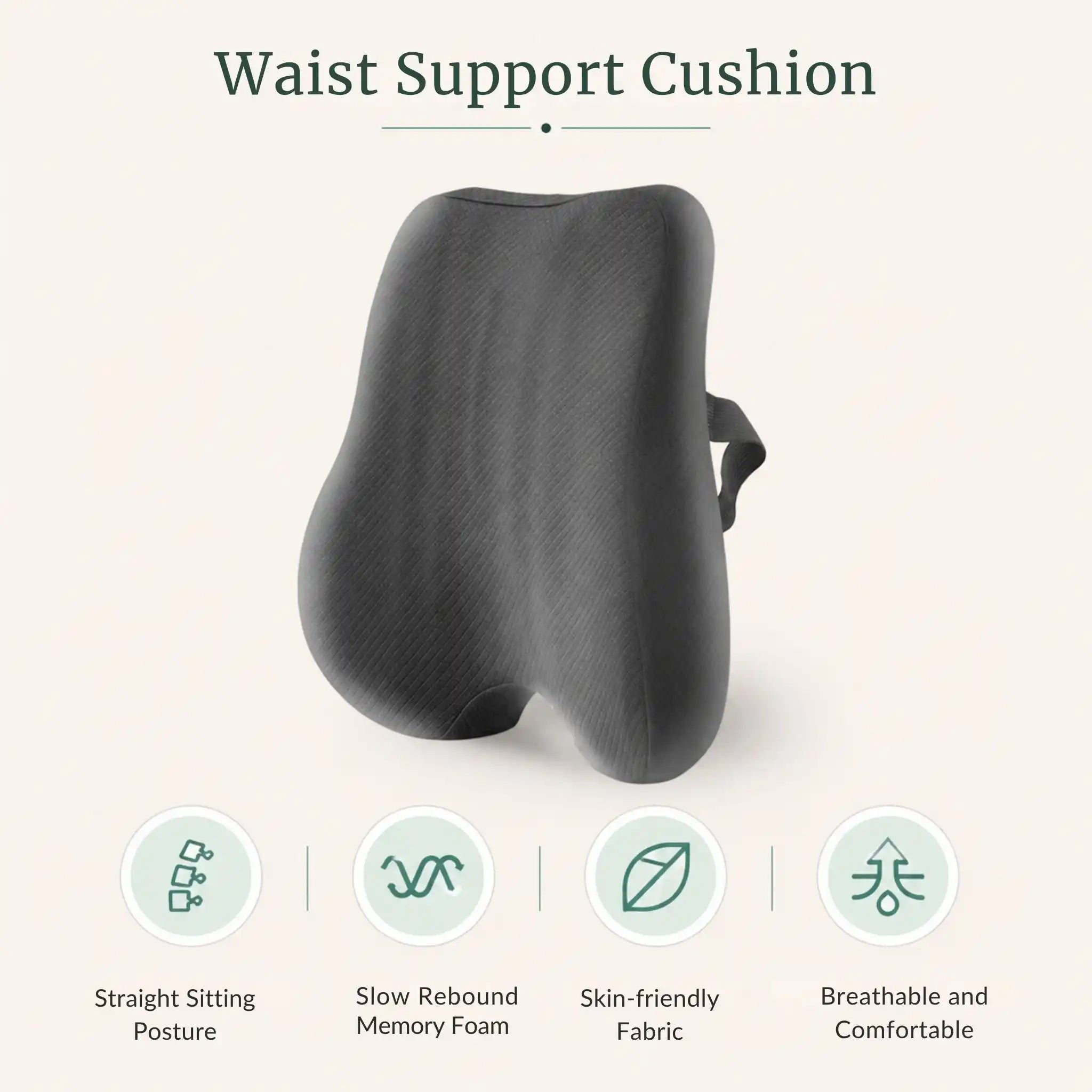 Callouts showcasing the unified dual-zone support of the seat cushion and lumbar pillow set.