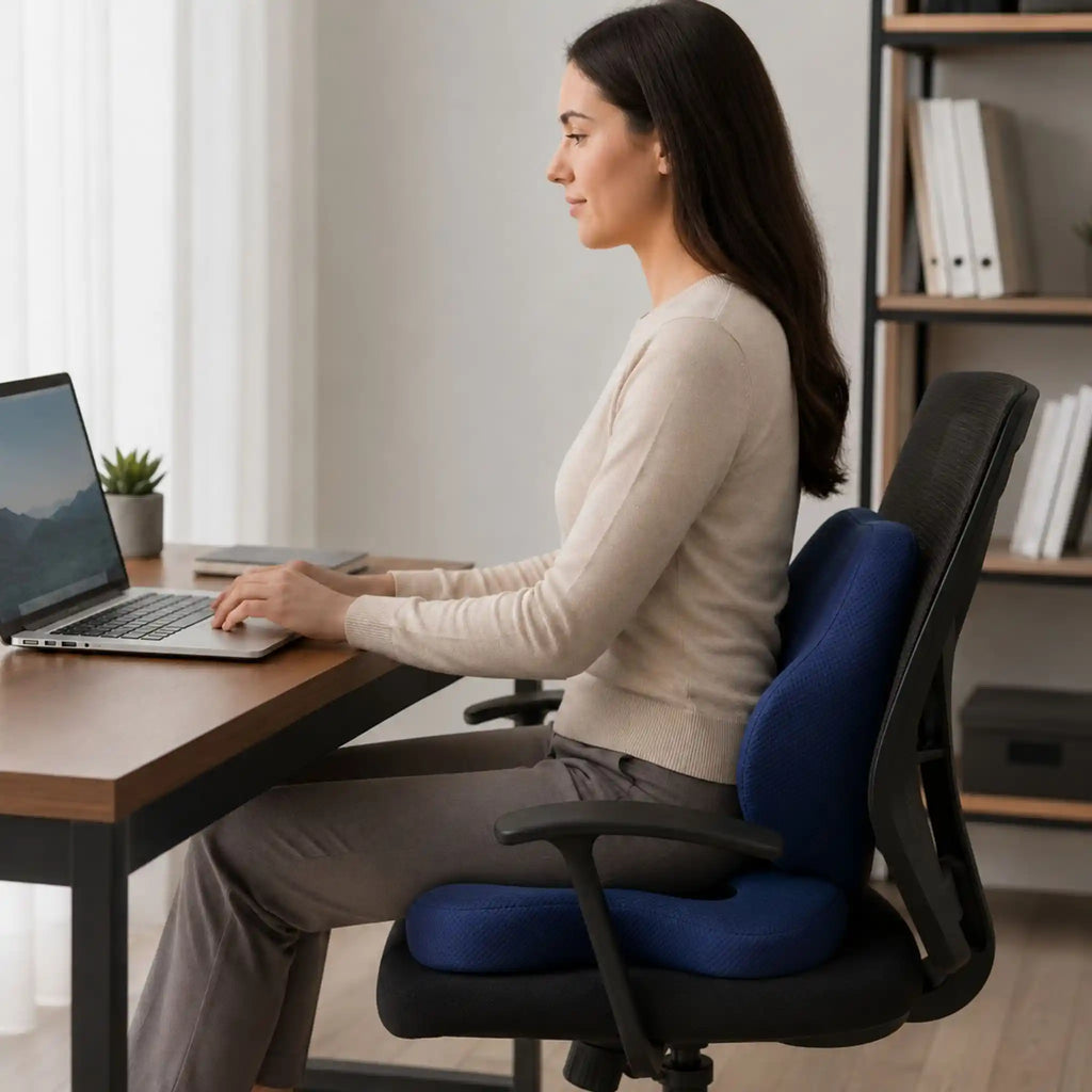 A professional enjoying full orthopedic back and hip support with the RelievoCare Seat Set bundle.