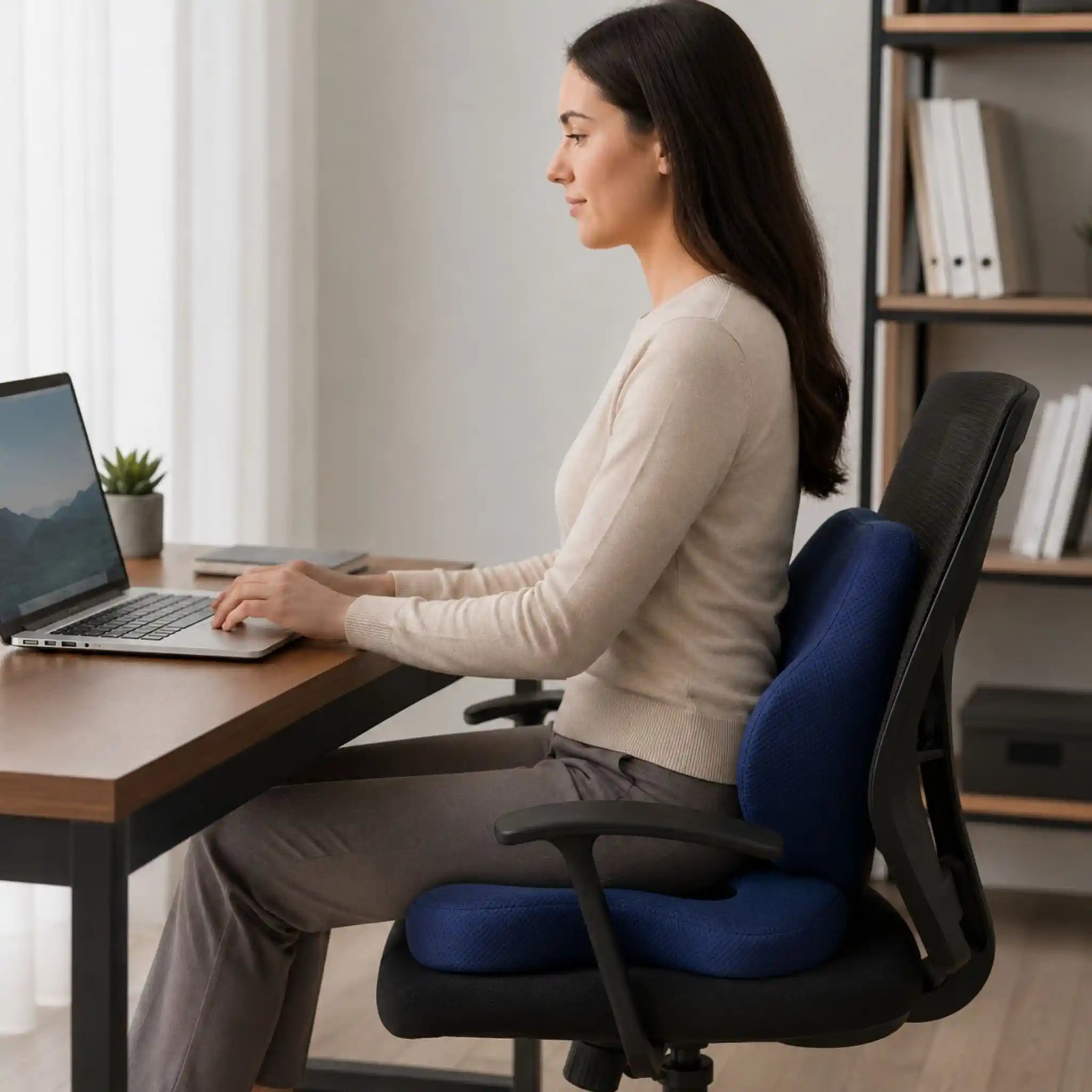A professional enjoying full orthopedic back and hip support with the RelievoCare Seat Set bundle.