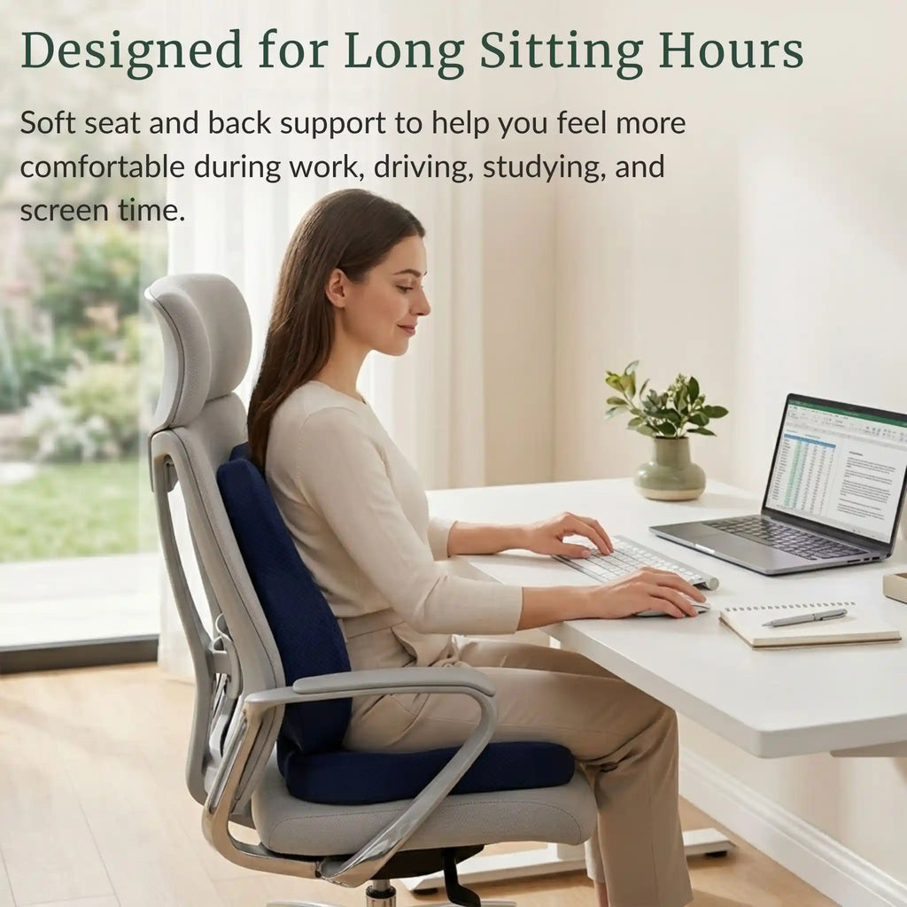 Graphic showing full-body alignment and fatigue reduction for long hours using the RelievoCare Full Support Set.