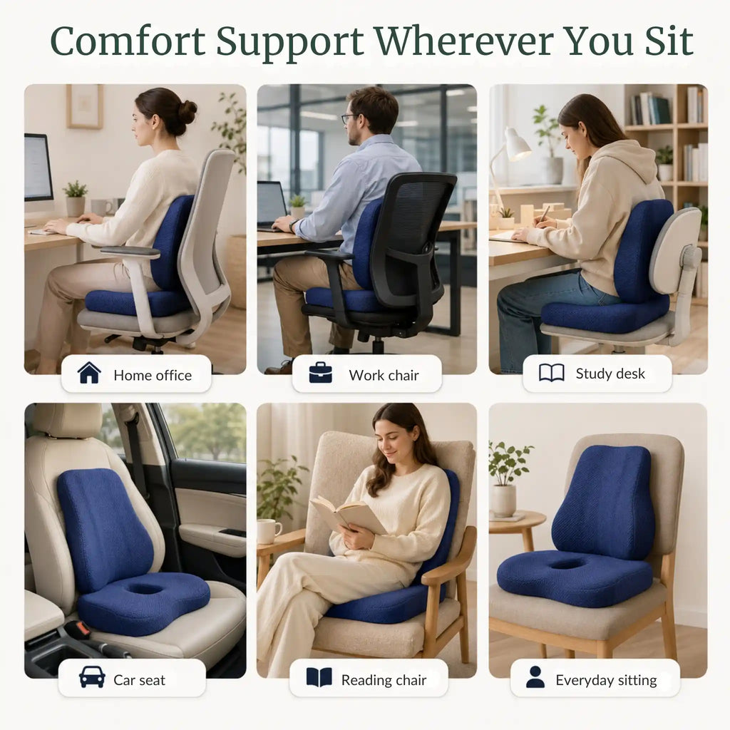 The full support bundle set being utilized in a vehicle driver's seat, home office chair, and work desk.