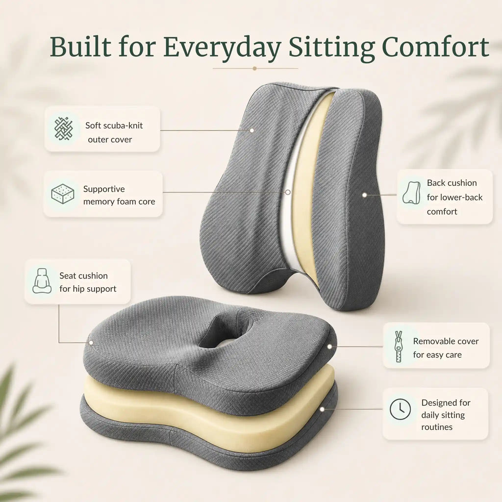 Callouts showcasing the unified dual-zone support of the seat cushion and lumbar pillow set.
